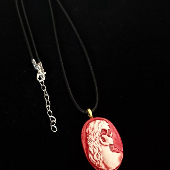 Handmade Ceramic Red Skull Cameo Pendant Necklace - Picture 7 of 14